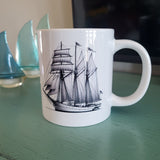 'Classic Schooner' Sailboat Line Drawing - White Glossy Ceramic Mug