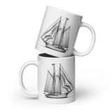 'Gaff Rig Ketch' Sailboat Line Drawing - White Glossy Ceramic Mug