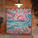 'Pink Sand Beach with Sea Creatures / Stained Glass' Canvas Wall Art