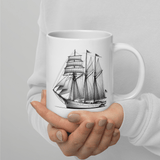 'Classic Schooner' Sailboat Line Drawing - White Glossy Ceramic Mug