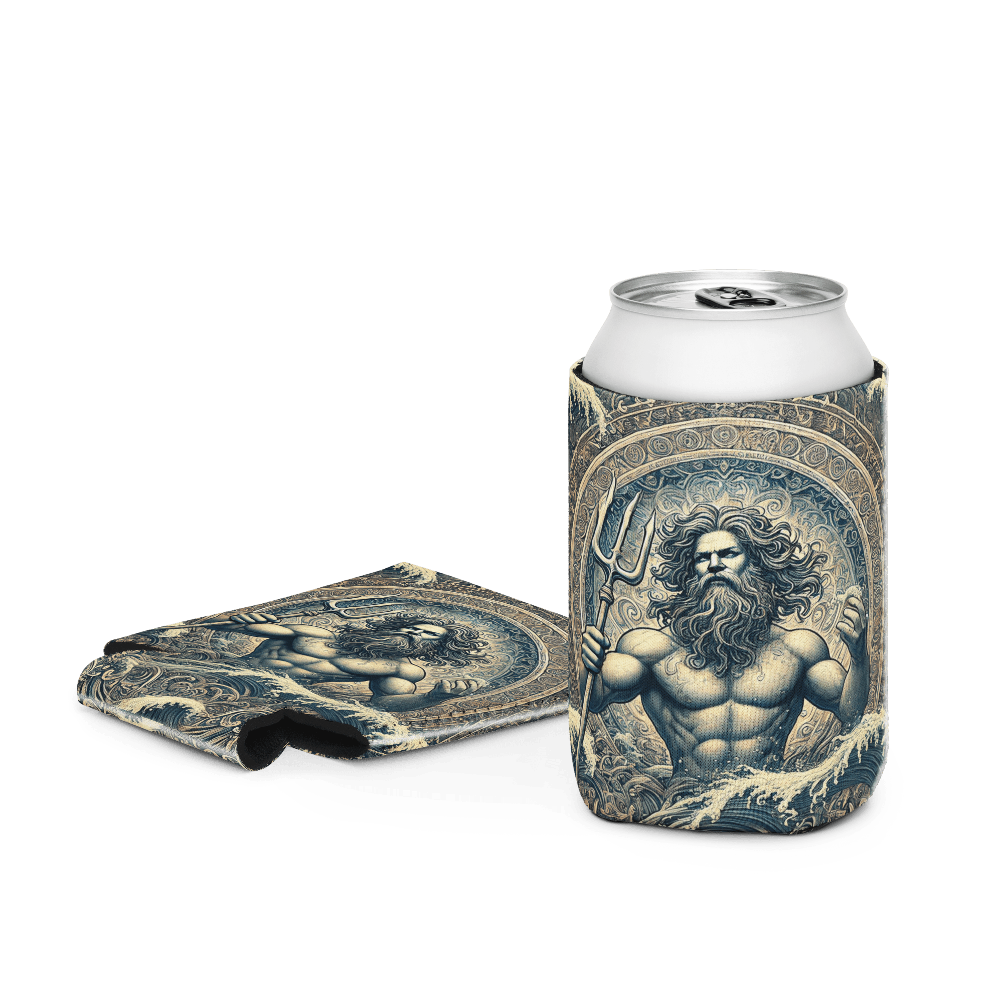 Side view of Poseidon blue can cooler.