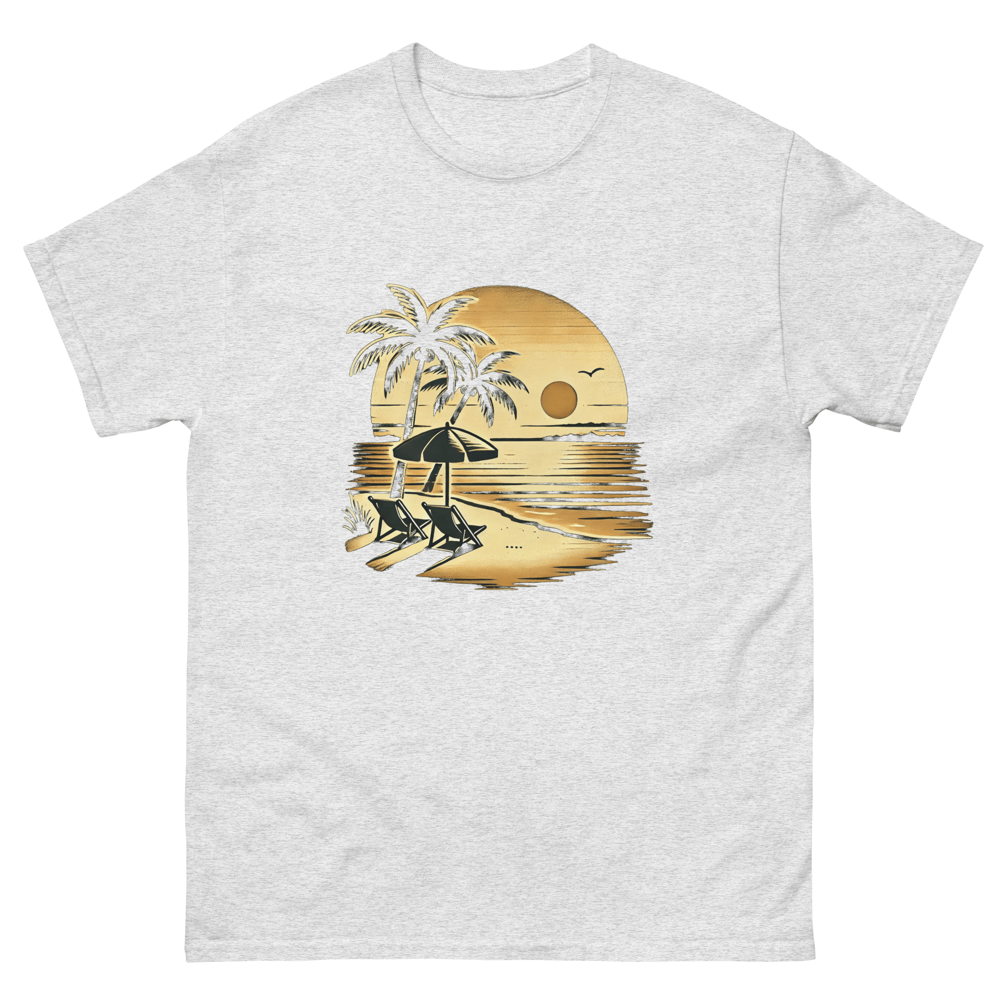 Beach serene scene at sunset t-shirt in ash color, front view