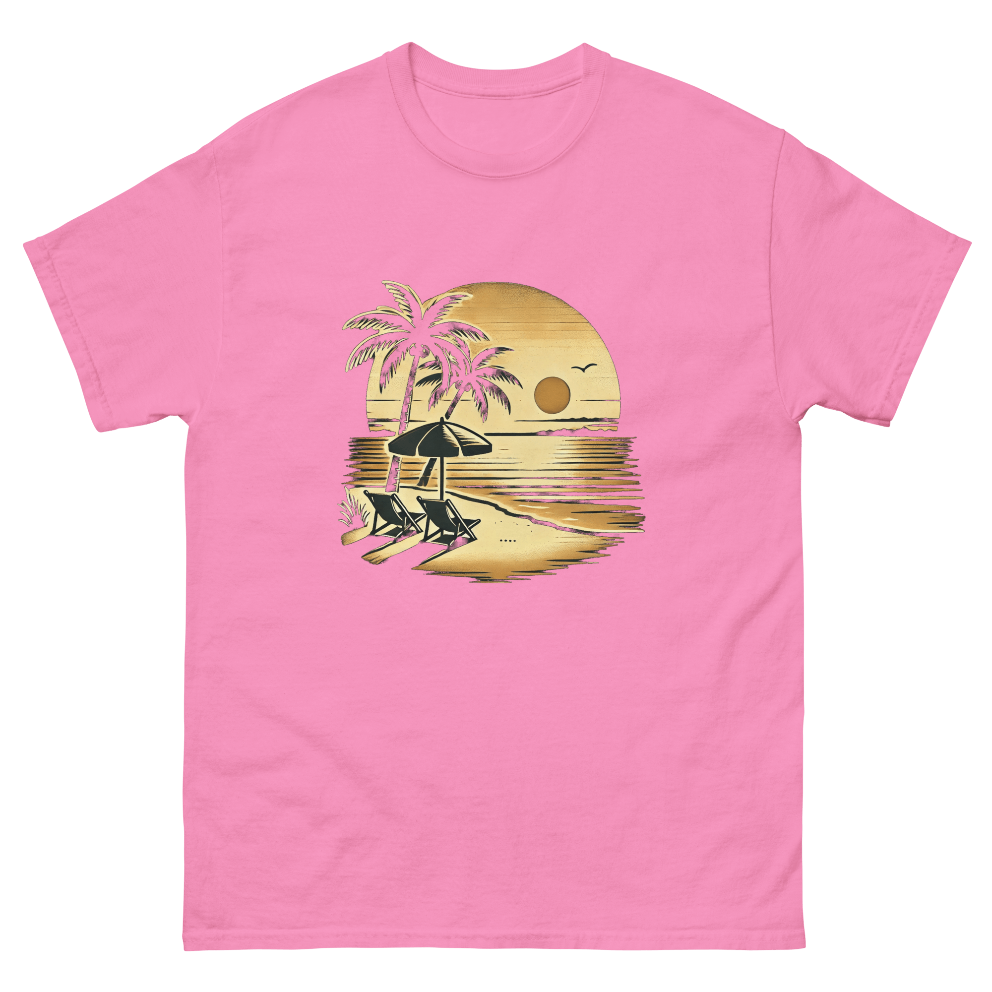 Beach serene scene at sunset t-shirt in azalea color, front view