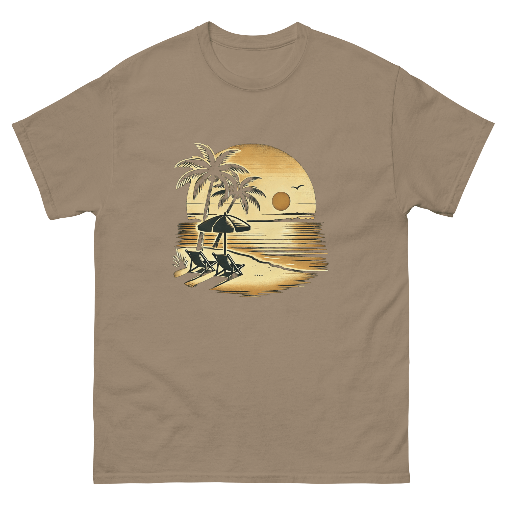 Beach serene scene at sunset t-shirt in brown savana color, front view