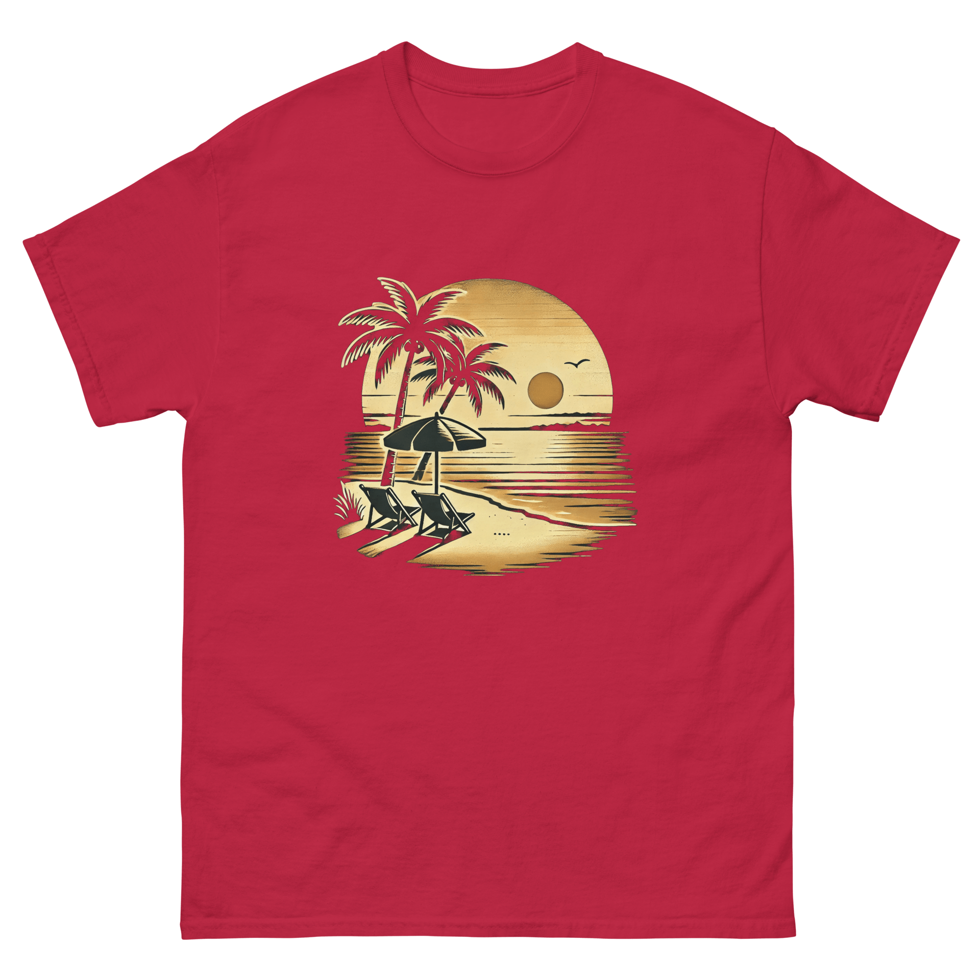 Beach serene scene at sunset t-shirt in cardinal color, front view