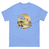 Beach serene scene at sunset t-shirt in Carolina blue color, front view