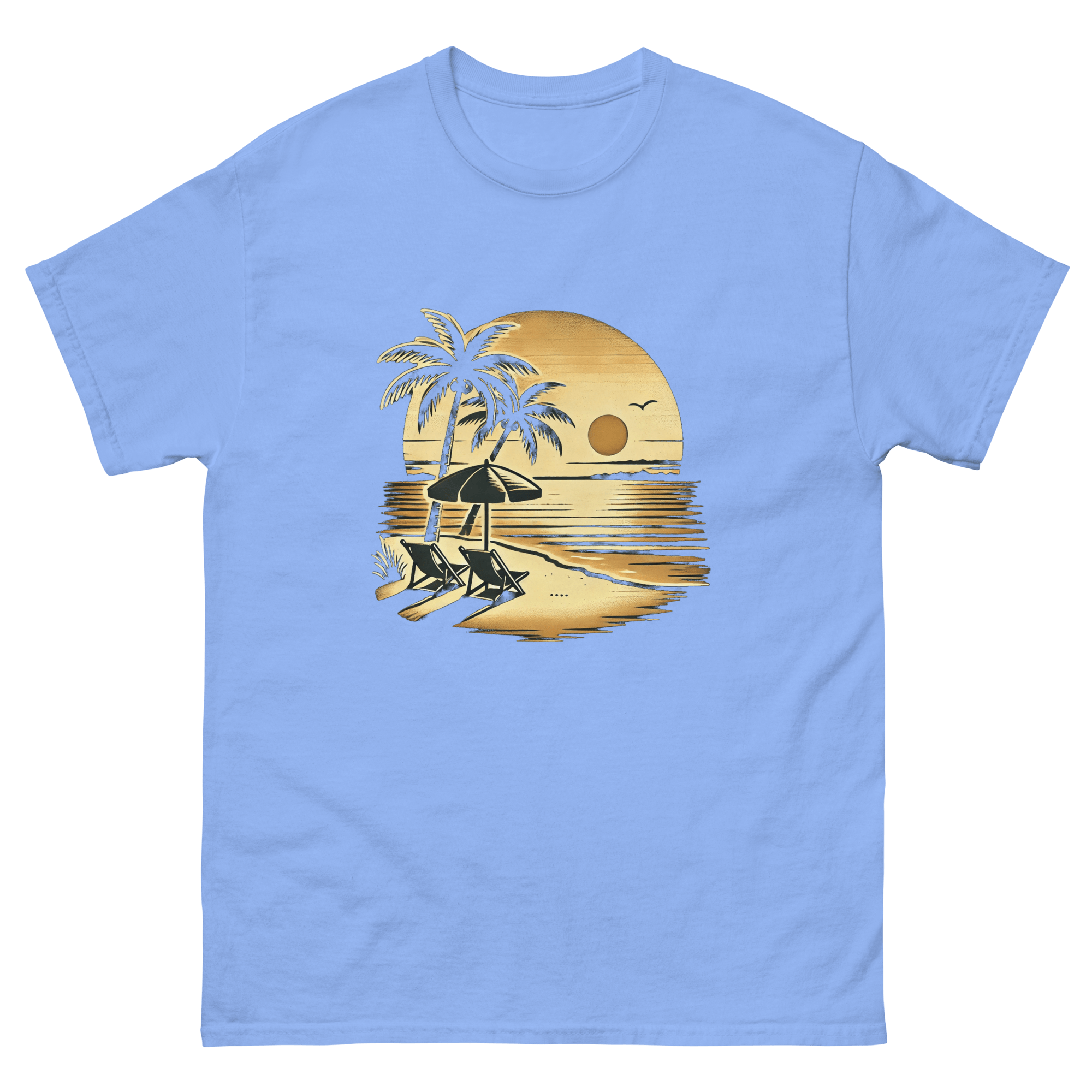 Beach serene scene at sunset t-shirt in Carolina blue color, front view