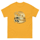 Beach serene scene at sunset t-shirt in gold color, front view