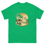 Beach serene scene at sunset t-shirt in Irish green color, front view