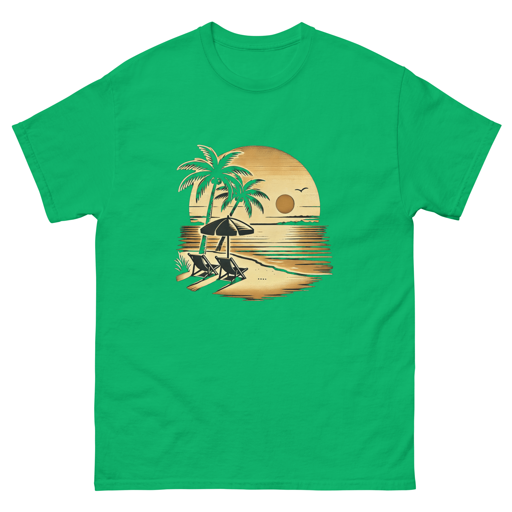 Beach serene scene at sunset t-shirt in Irish green color, front view