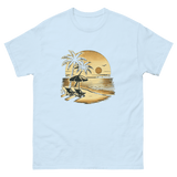 Beach serene scene at sunset t-shirt in light blue color, front view