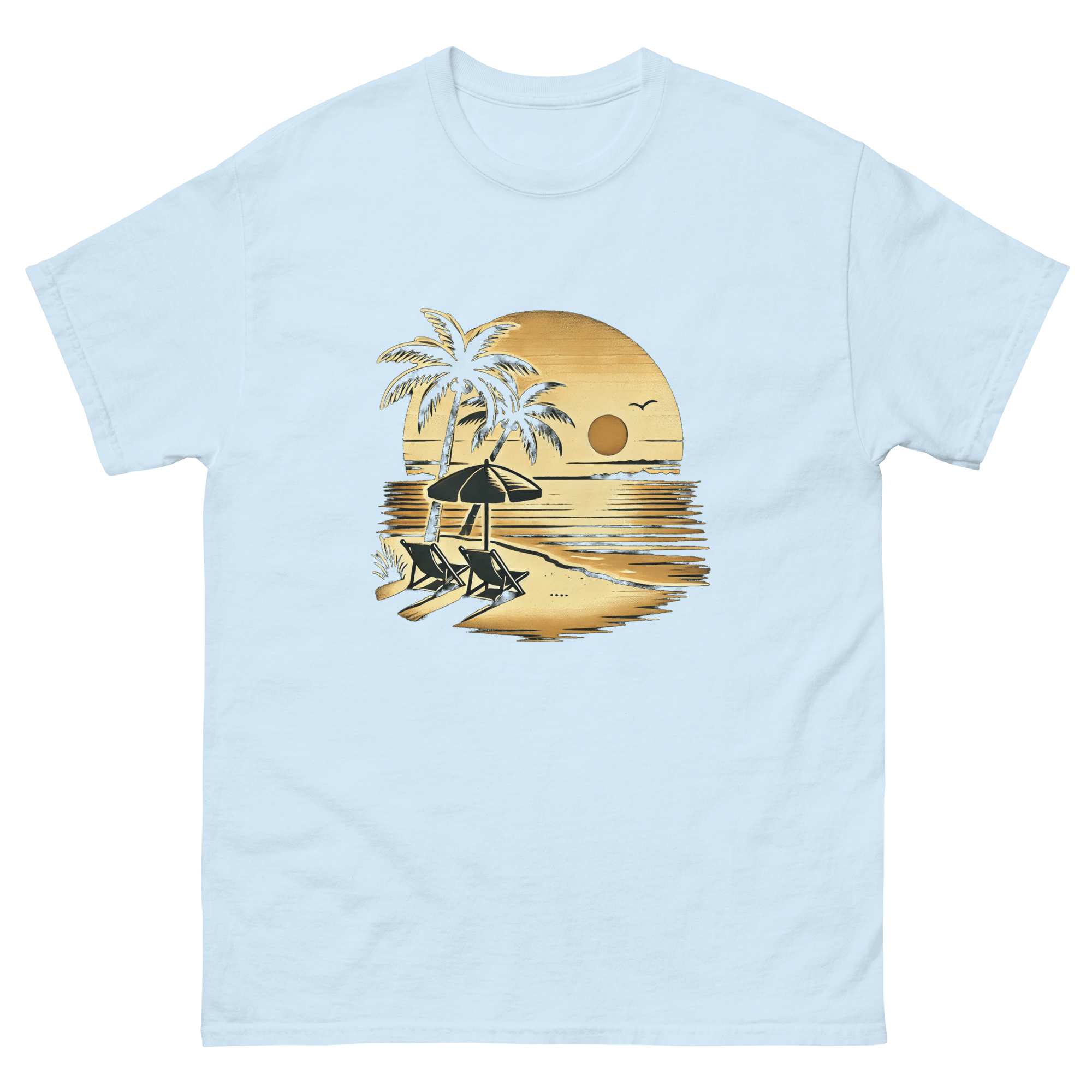Beach serene scene at sunset t-shirt in light blue color, front view