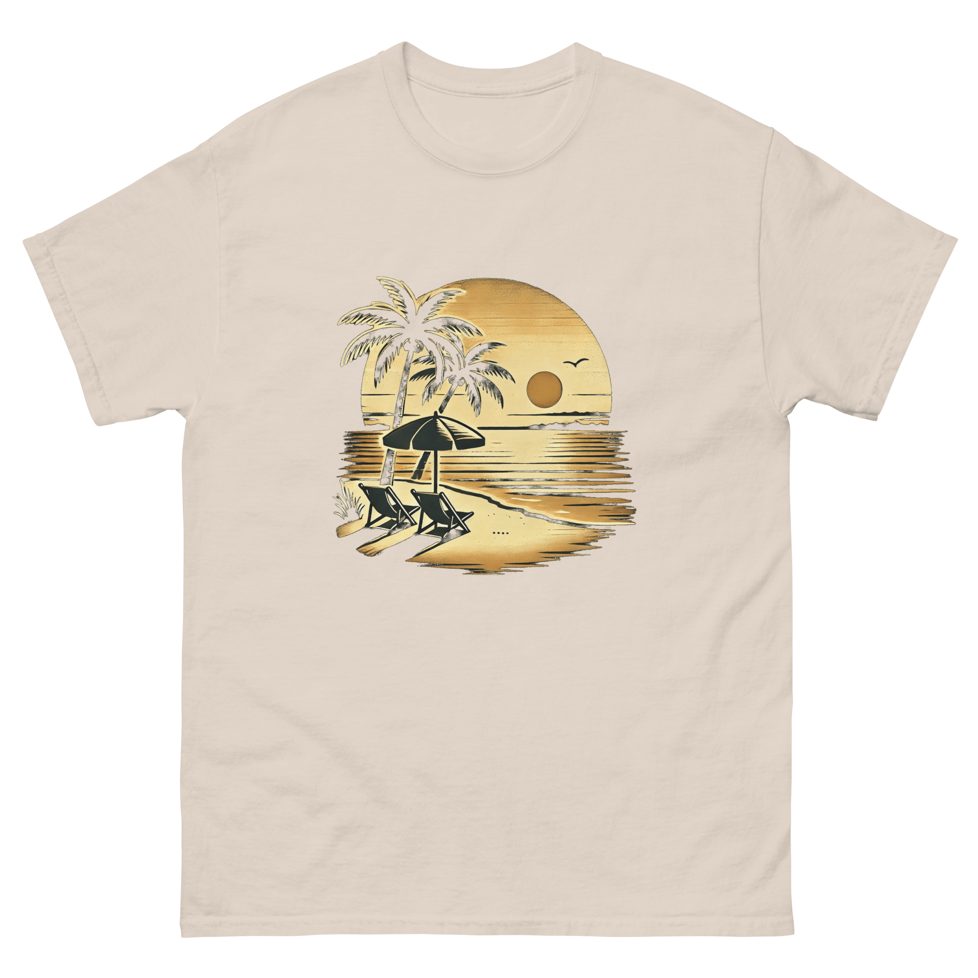 Beach serene scene at sunset t-shirt in natural color, front view