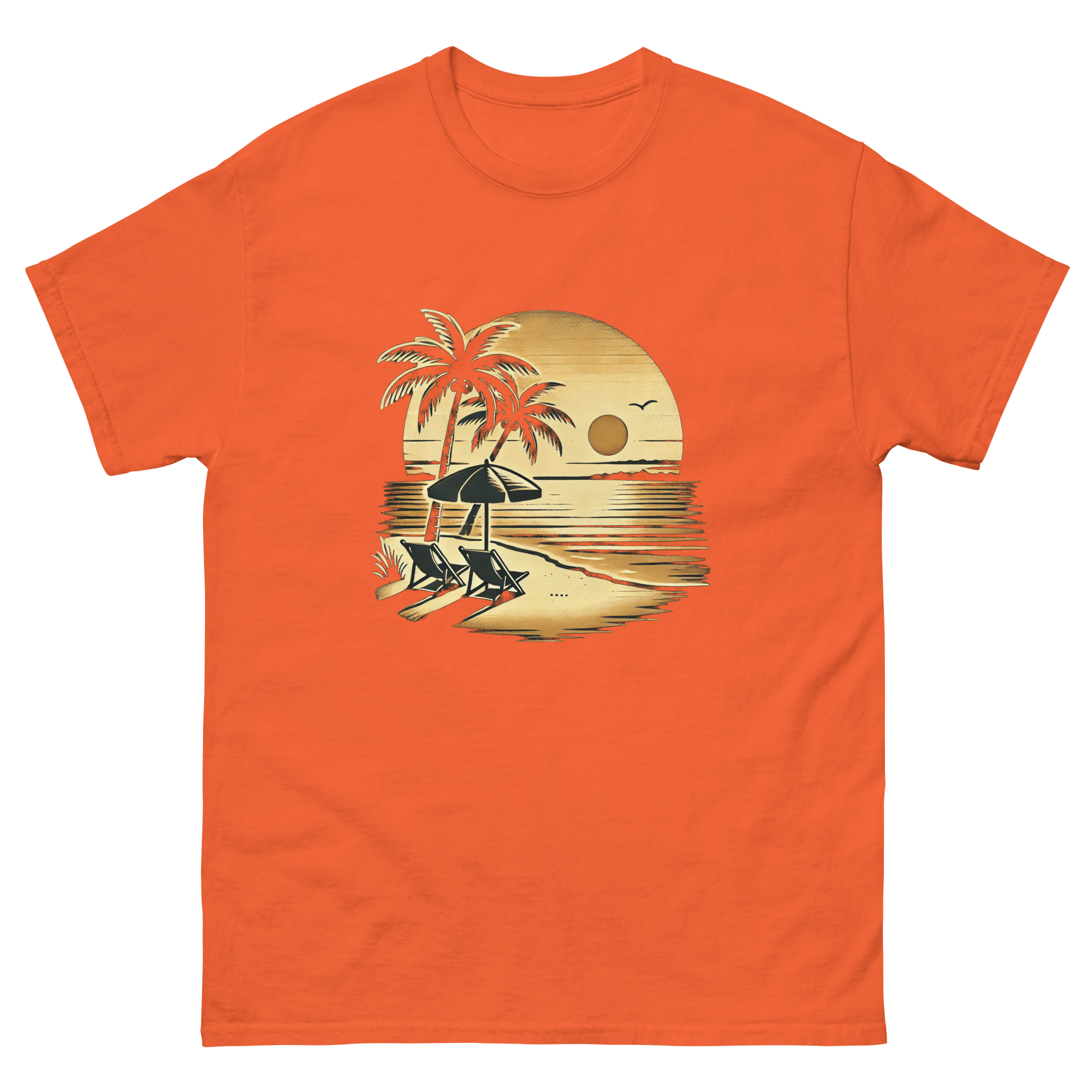 Beach serene scene at sunset t-shirt in orange color, front view