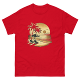 Beach serene scene at sunset t-shirt in red color, front view
