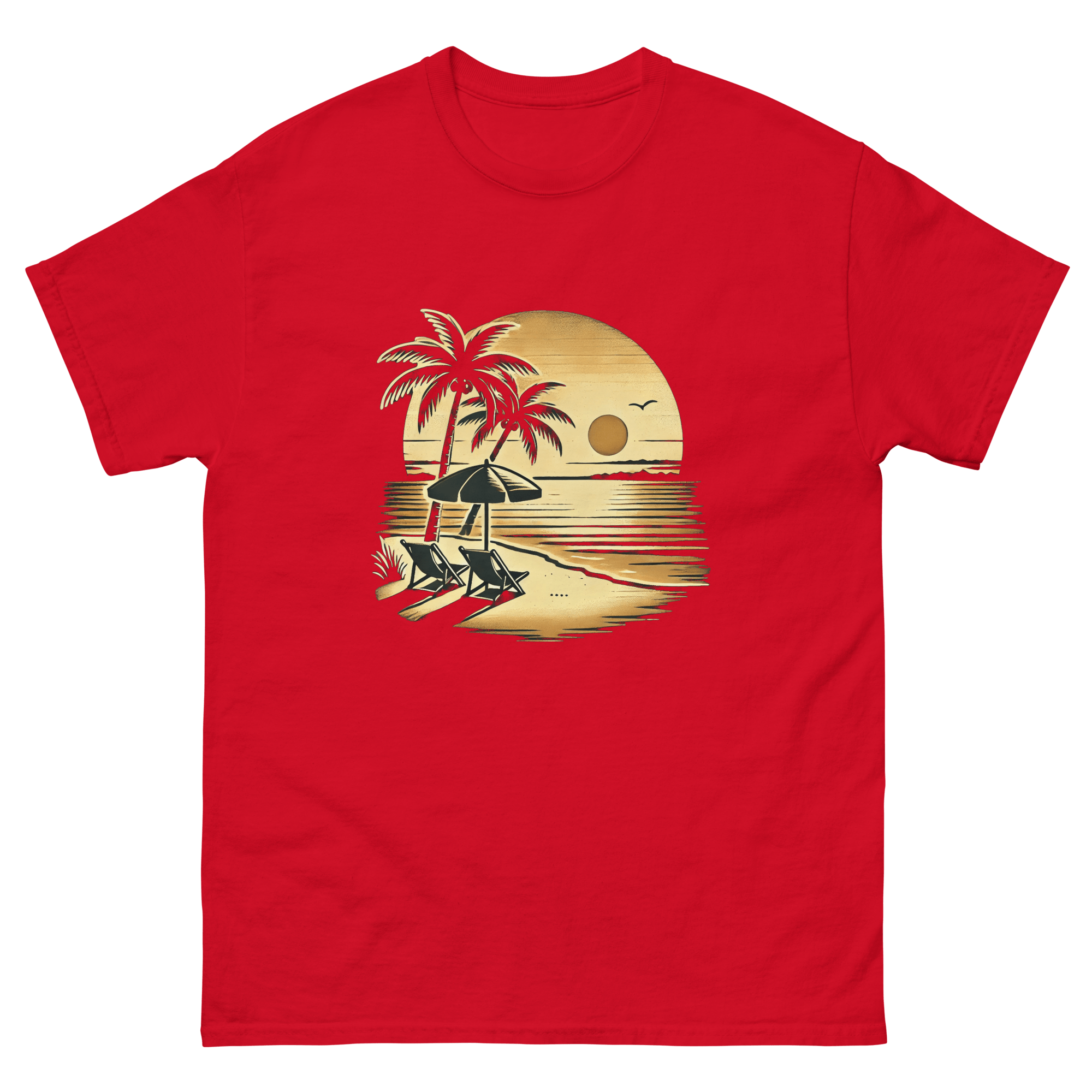 Beach serene scene at sunset t-shirt in red color, front view