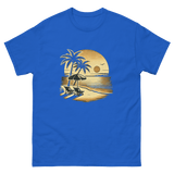 Beach serene scene at sunset t-shirt in royal blue color, front view