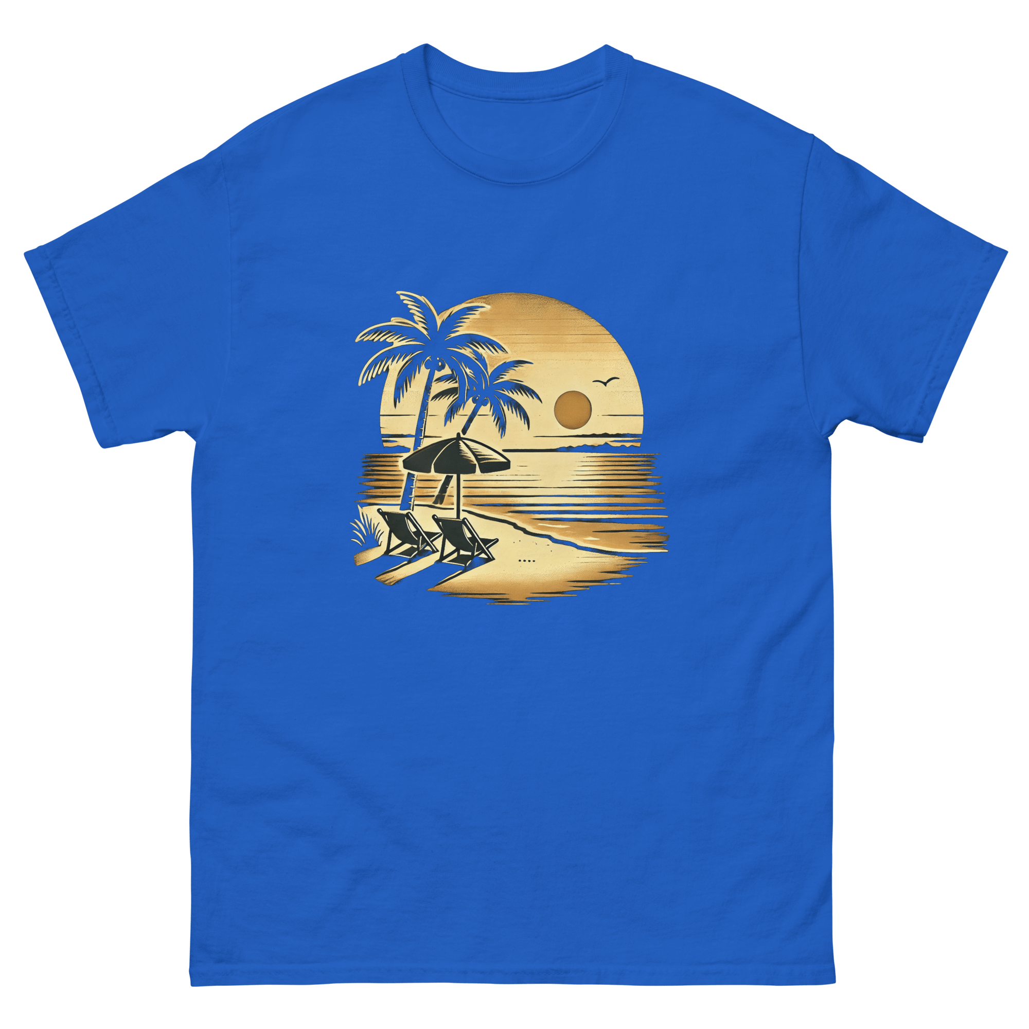 Beach serene scene at sunset t-shirt in royal blue color, front view