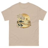 Beach serene scene at sunset t-shirt in sand color, front view