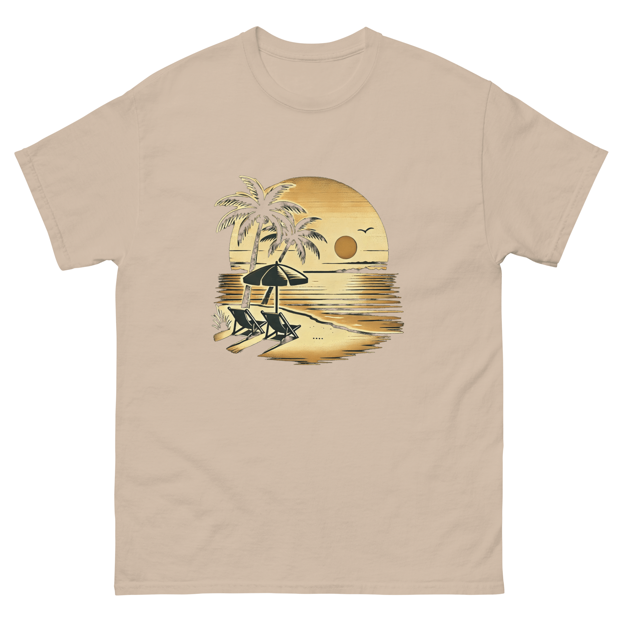 Beach serene scene at sunset t-shirt in sand color, front view