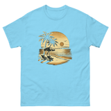 Beach serene scene at sunset t-shirt in sky blue color, front view