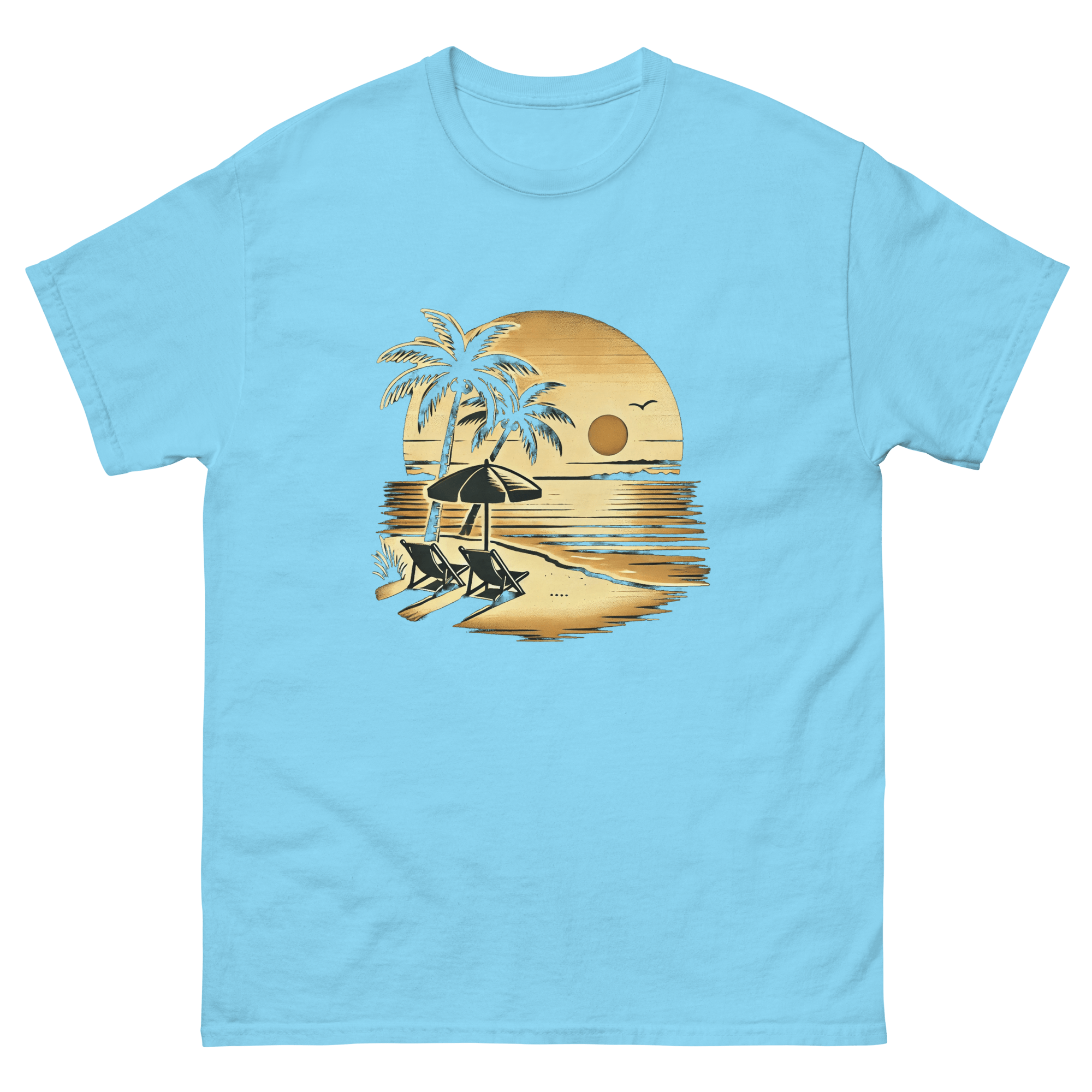Beach serene scene at sunset t-shirt in sky blue color, front view