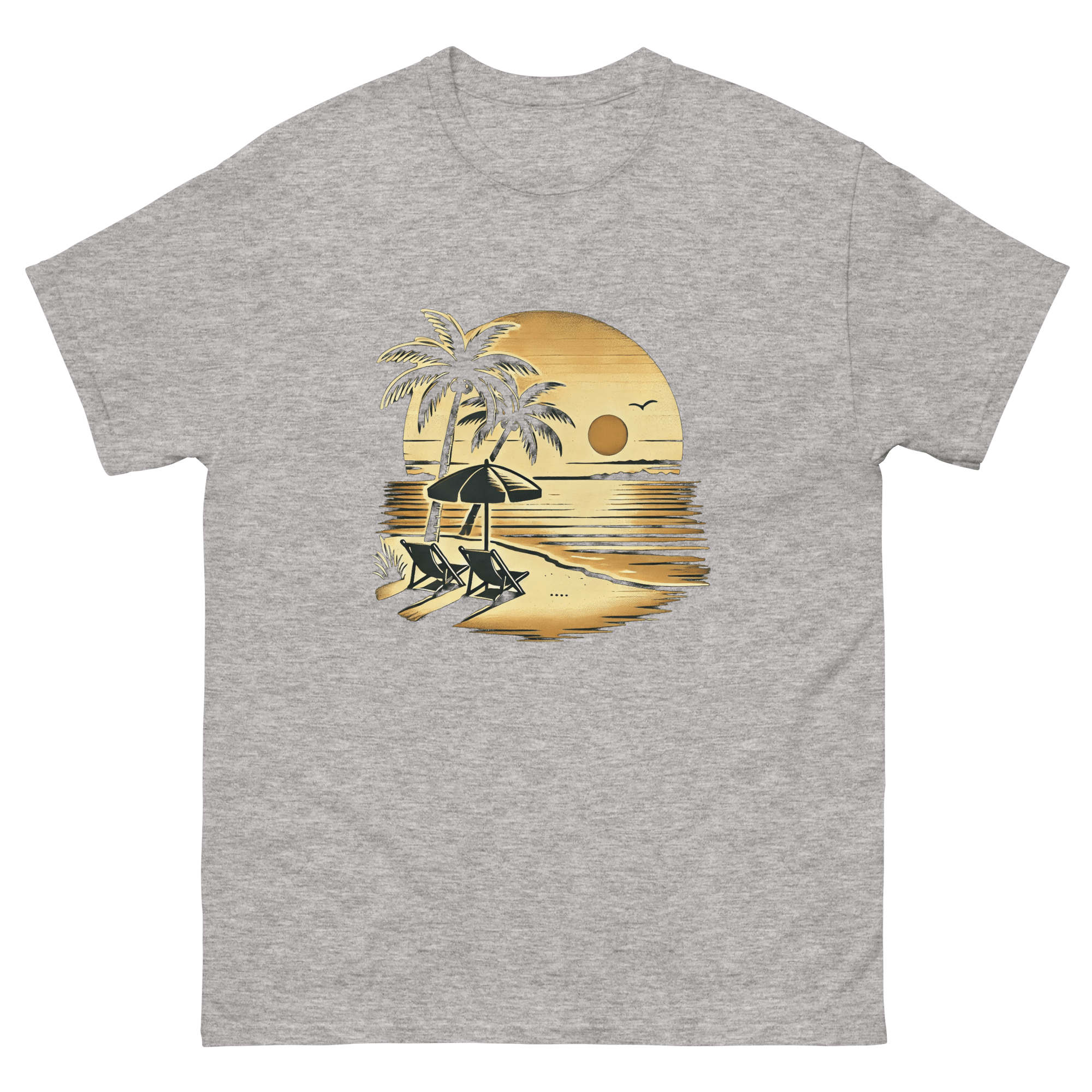 Beach serene scene at sunset t-shirt in sport grey color, front view