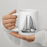 'Ketch' Sailboat Line Drawing - White Glossy Ceramic Mug