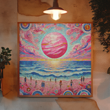 Mosaic Style Pink Sand Beach with People - Canvas Wall Art