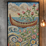 Mosaic Style Boat at Lake Worth with Flowers - Canvas Wall Art