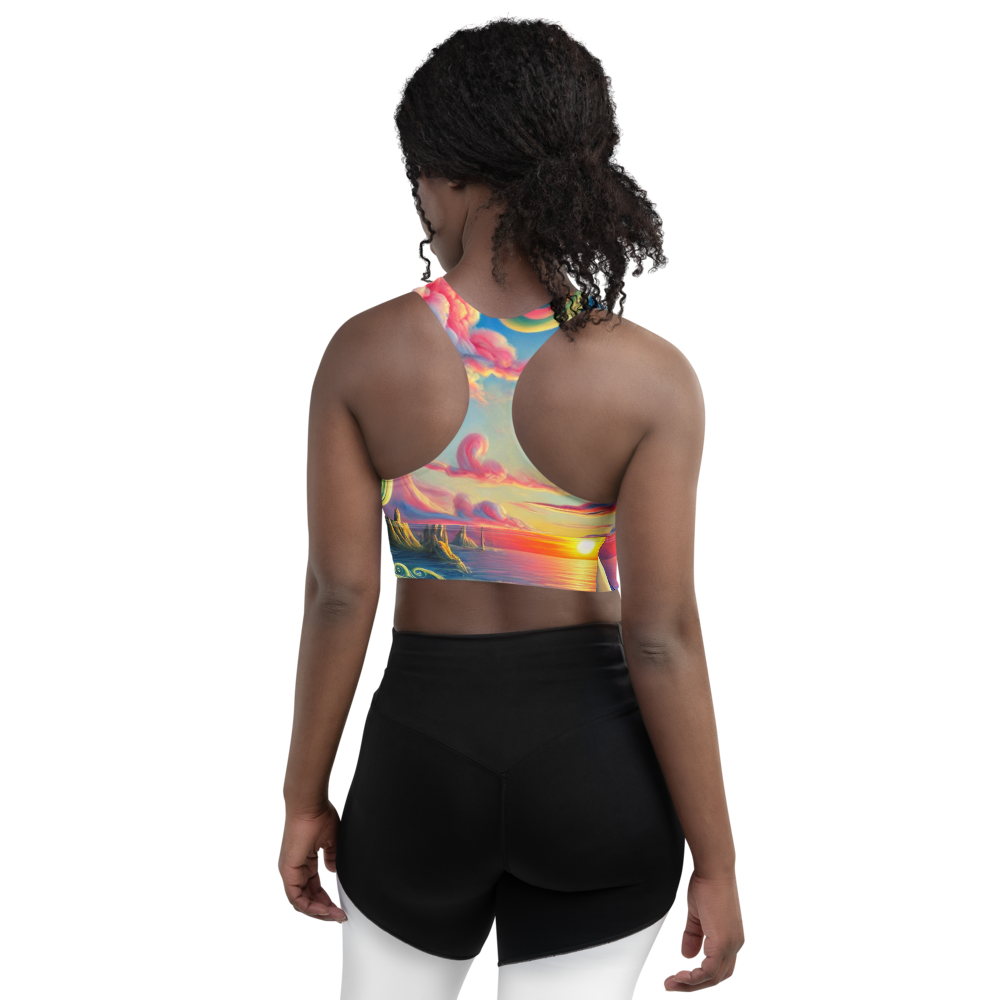 Pink Solitude Surreal Style Sports Bra with a bold and surreal design inspired by nature. Back view on model.