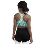 Bahamian Waters Impressionistic Sports Bra with turquoise ocean blue design, perfect for fitness and casual wear. Back view.