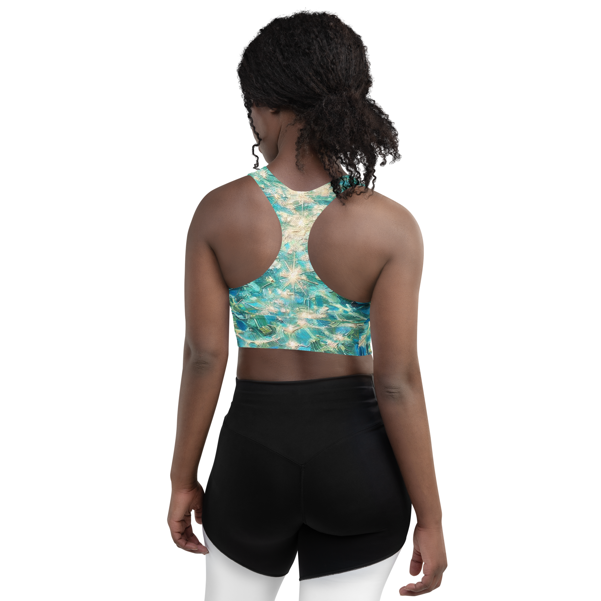 Bahamian Waters Impressionistic Sports Bra with turquoise ocean blue design, perfect for fitness and casual wear. Back view.