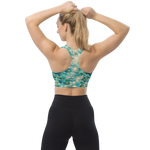 Bahamian Waters Impressionistic Sports Bra with turquoise ocean blue design, perfect for fitness and casual wear. Back view small.