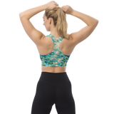 Bahamian Waters Impressionistic Sports Bra with turquoise ocean blue design, perfect for fitness and casual wear. Back view small.