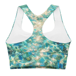 Bahamian Waters Impressionistic Sports Bra with turquoise ocean blue design, perfect for fitness and casual wear. Back view no model.