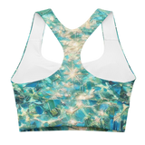 Bahamian Waters Impressionistic Sports Bra with turquoise ocean blue design, perfect for fitness and casual wear. Back view no model.