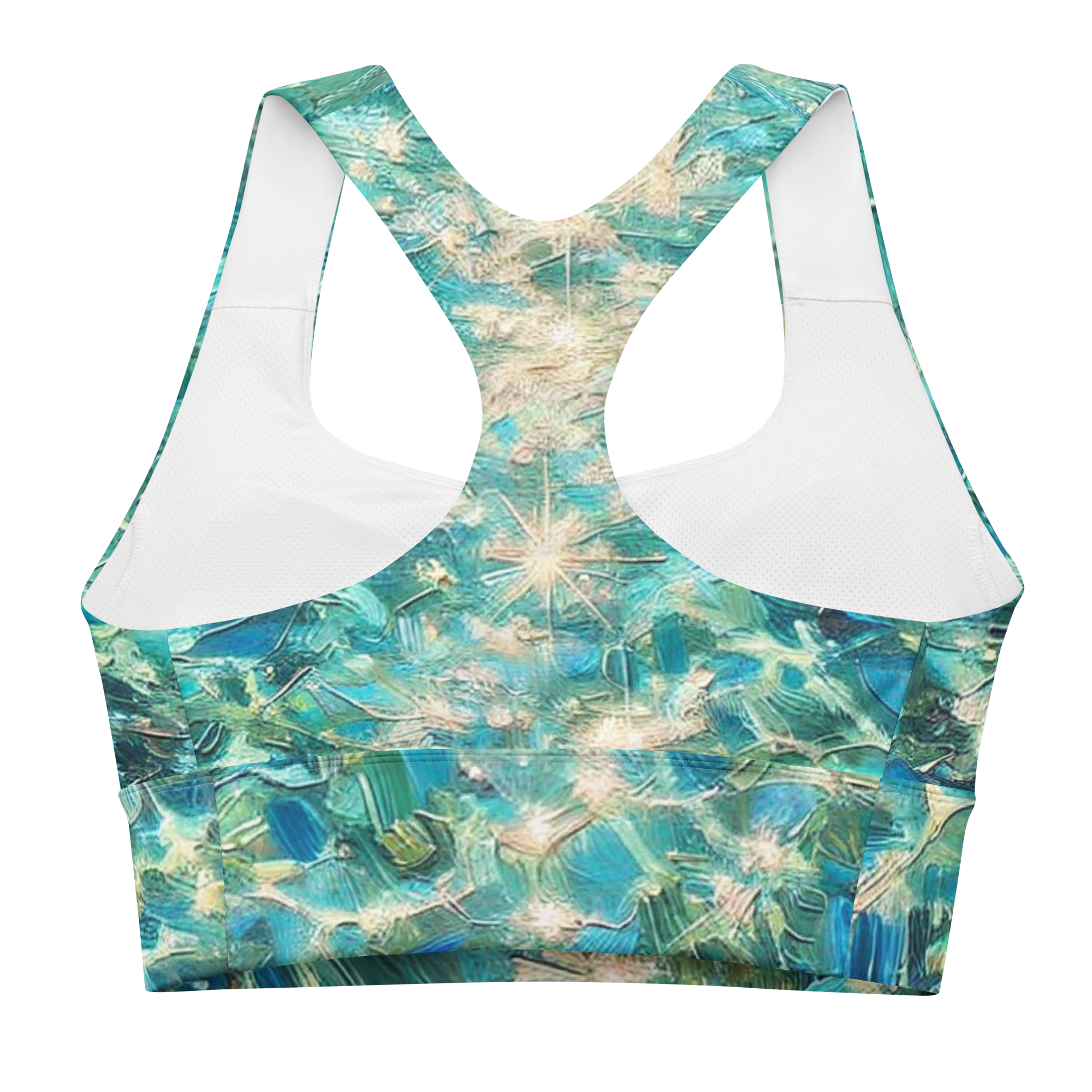 Bahamian Waters Impressionistic Sports Bra with turquoise ocean blue design, perfect for fitness and casual wear. Back view no model.