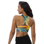 Bahamas Sunset Surreal Style Sports Bra with a unique sunset design for workout comfort. Back left.