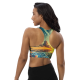 Bahamas Sunset Surreal Style Sports Bra with a unique sunset design for workout comfort. Back left.