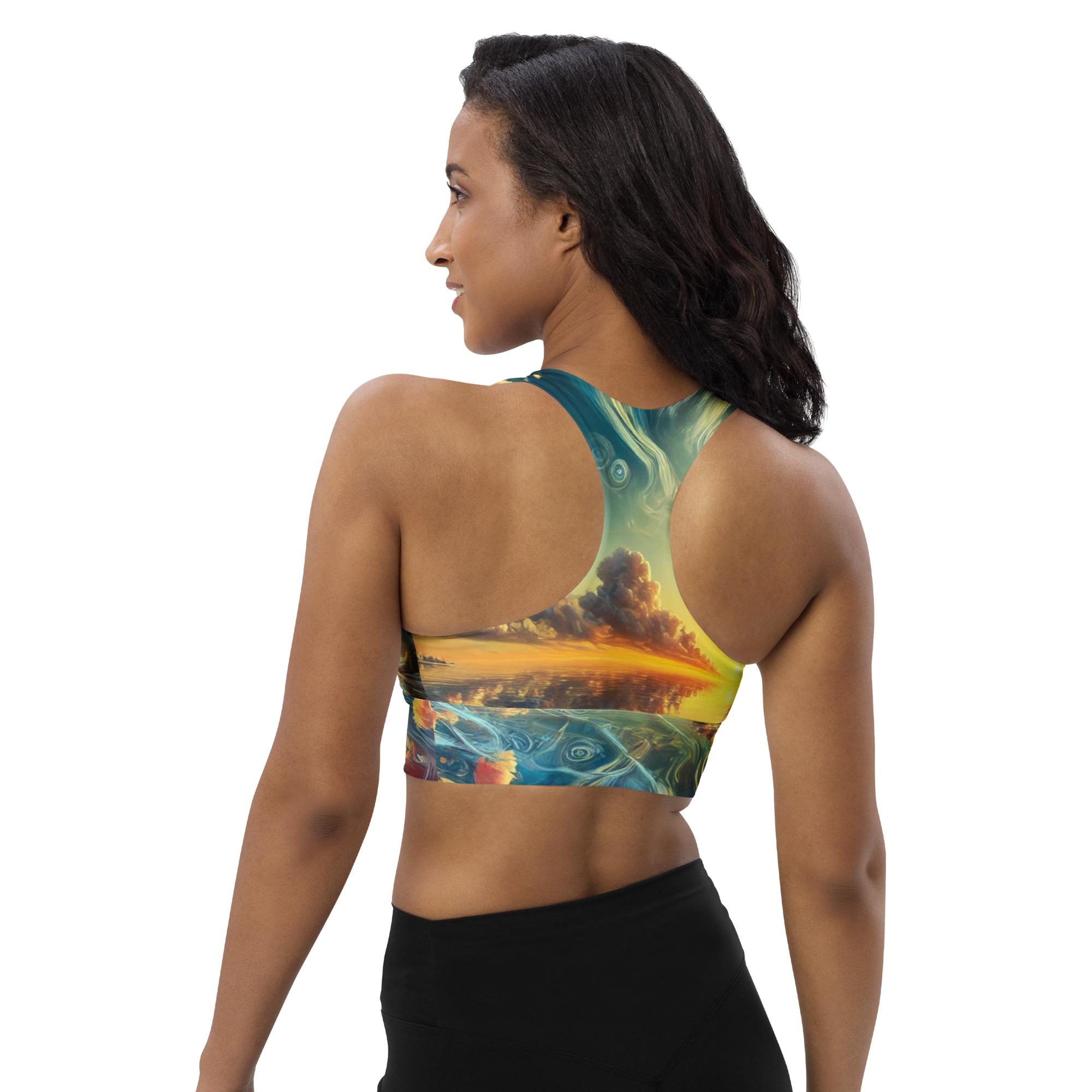 Bahamas Sunset Surreal Style Sports Bra with a unique sunset design for workout comfort. Back left.