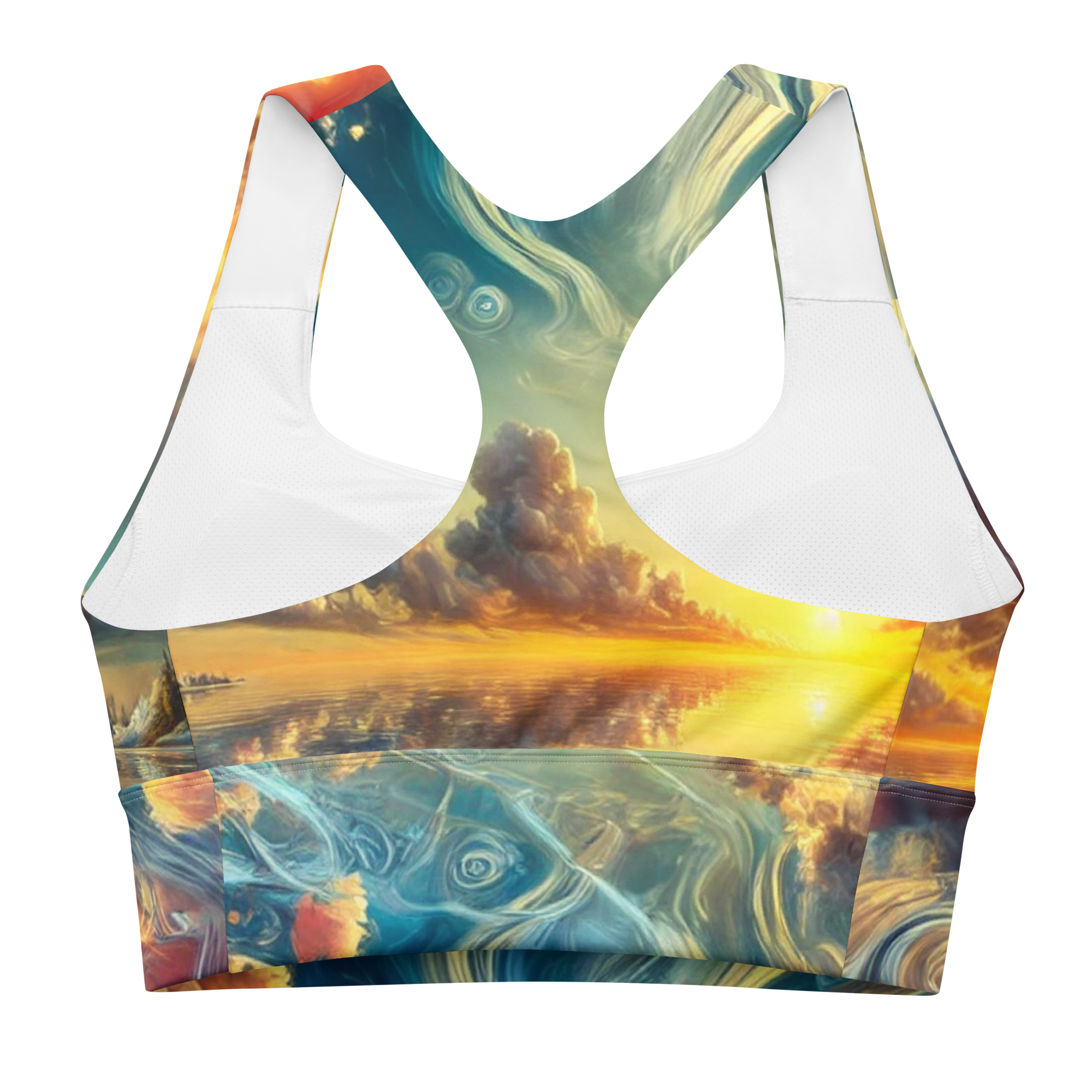 Bahamas Sunset Surreal Style Sports Bra with a unique sunset design for workout comfort. Back no model.