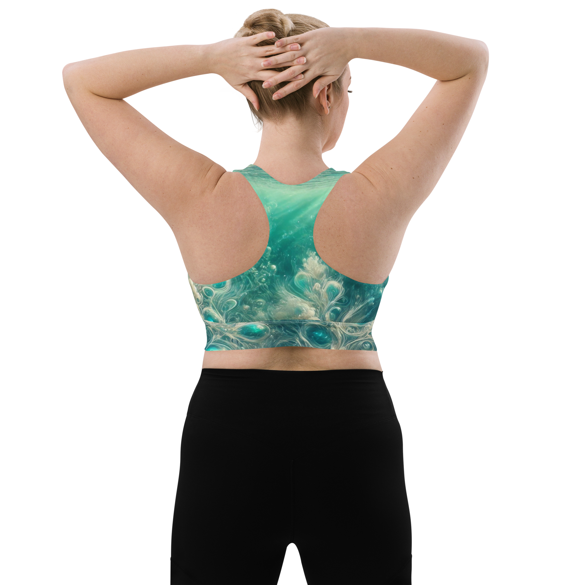 Turquoise Bahamian Waters Sports Bra inspired by the vibrant hues of the Bahamas. Back view.