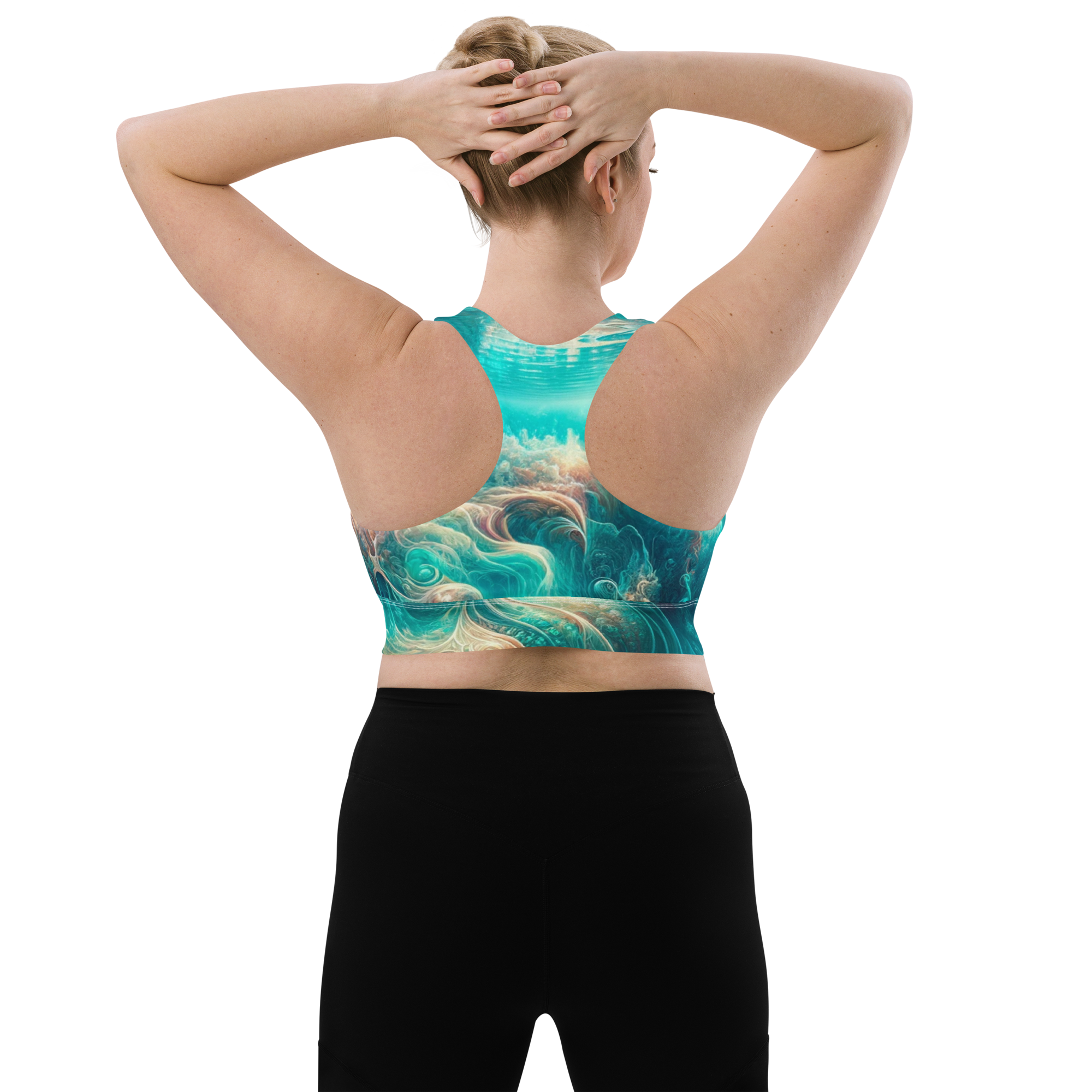 Bahamian Waters Surreal Sports Bra with rich ocean color unique and inspired by the vibrant waters of the Bahamas.  Back view with model.