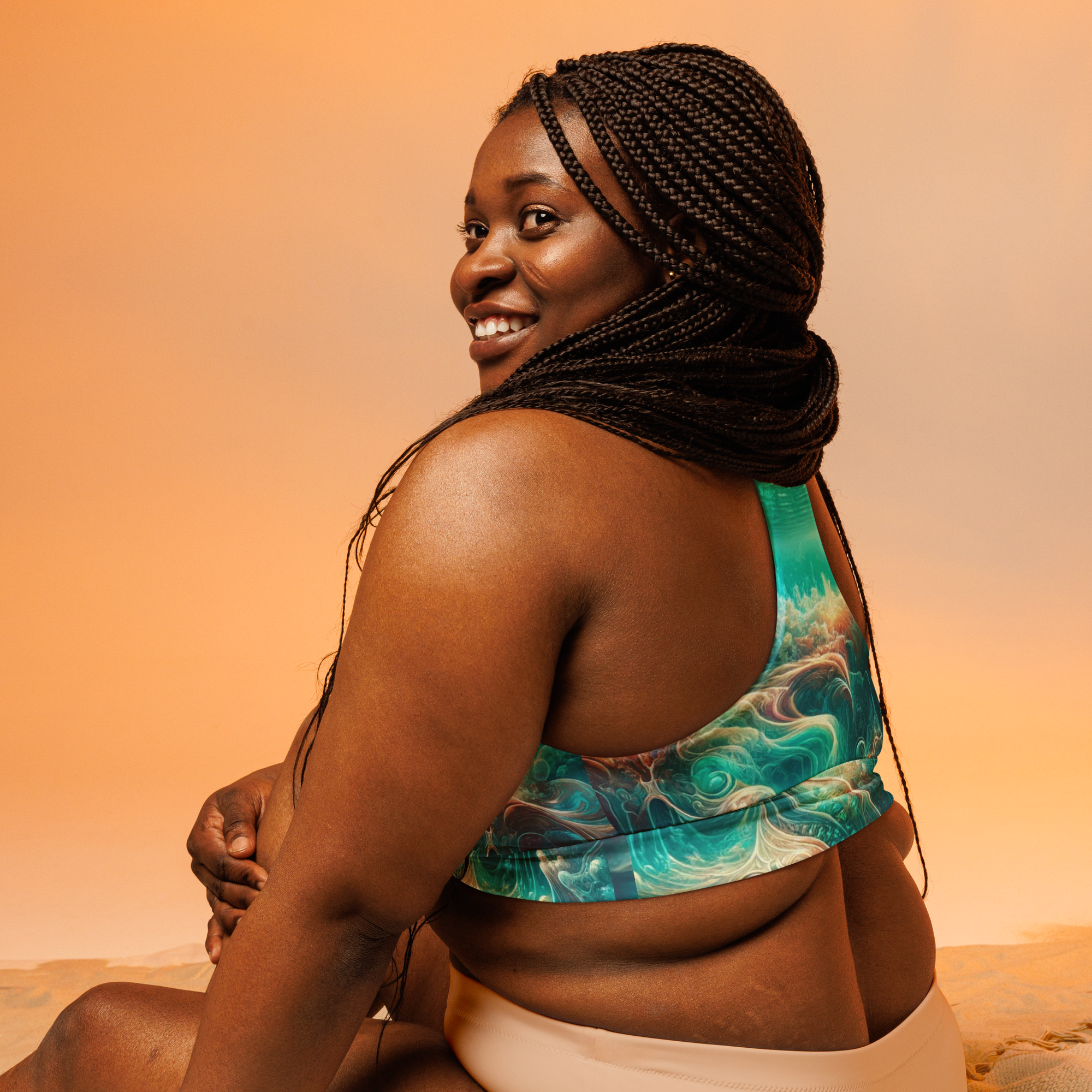 Bahamian Waters Surreal Sports Bra with rich ocean color unique and inspired by the vibrant waters of the Bahamas.  Back left.