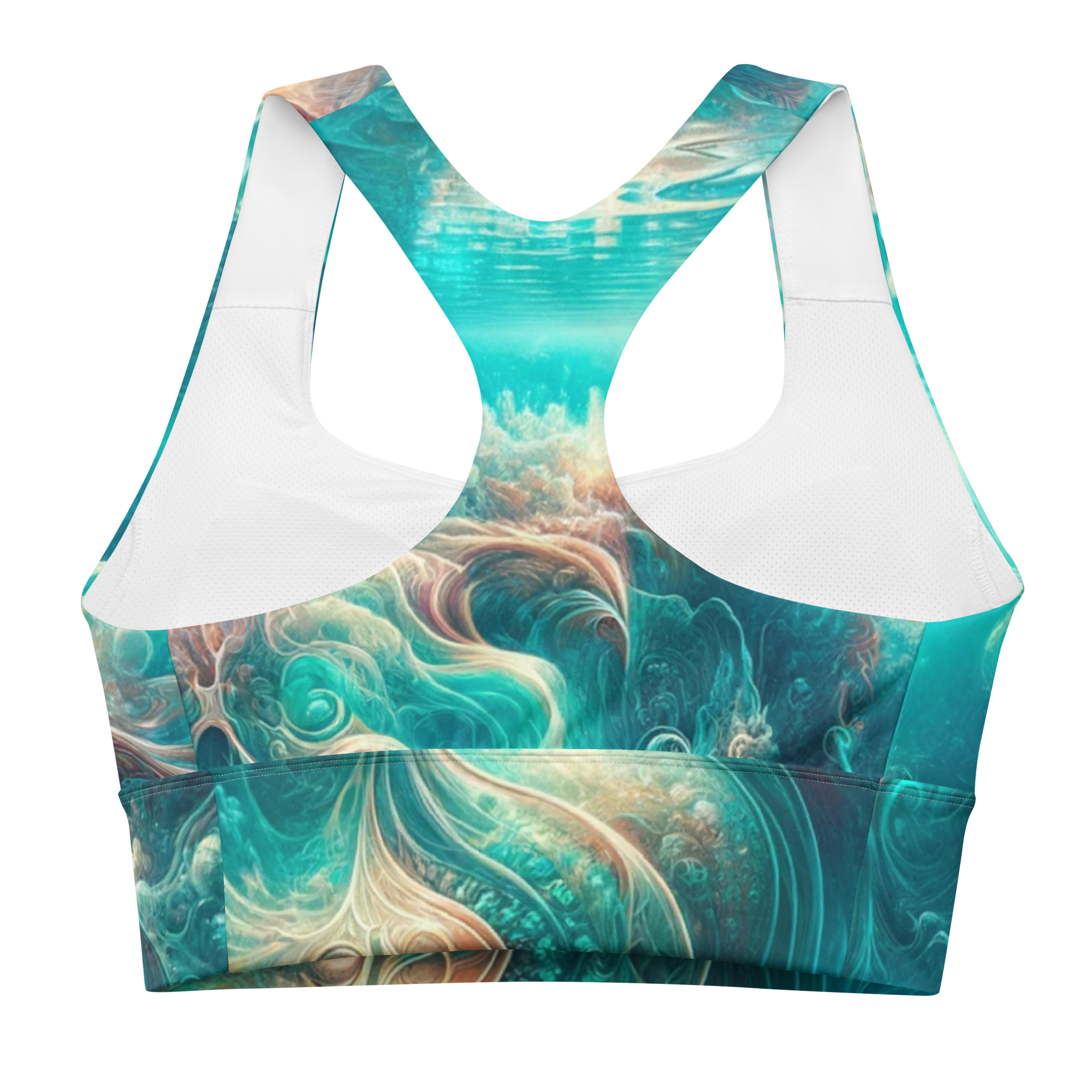 Bahamian Waters Surreal Sports Bra with rich ocean color unique and inspired by the vibrant waters of the Bahamas.  Back no model.