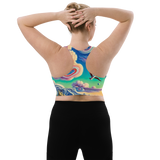 Radio Beach Surreal Style Sports Bra with a unique and vibrant ocean-inspired design. Back view.