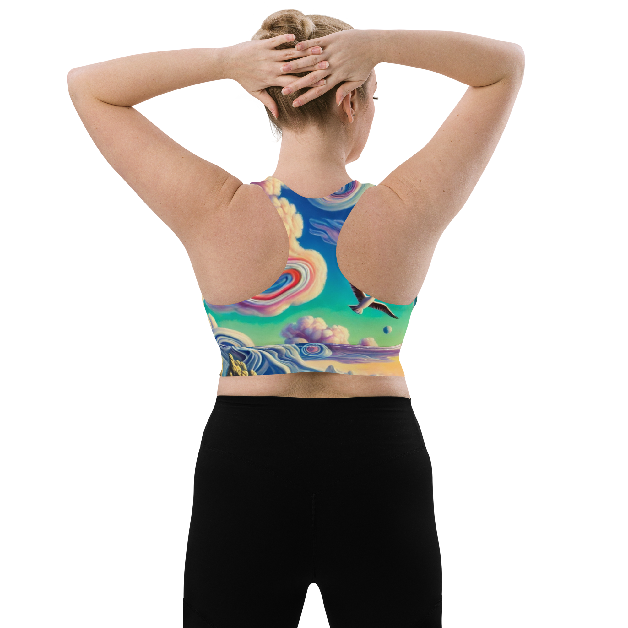 Radio Beach Surreal Style Sports Bra with a unique and vibrant ocean-inspired design. Back view.