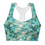 Bahamian Waters Impressionistic Sports Bra with turquoise ocean blue design, perfect for fitness and casual wear. Front view no model.