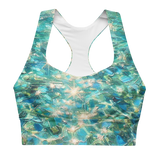 Bahamian Waters Impressionistic Sports Bra with turquoise ocean blue design, perfect for fitness and casual wear. Front view no model.